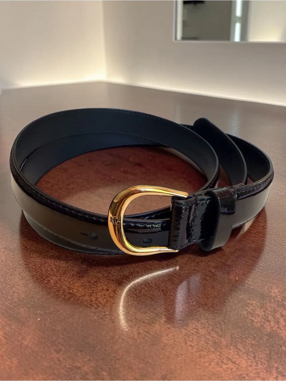Lauren Ralph Lauren Black Patent Belt with Gold LRL Buckle, size Large (NWOT)